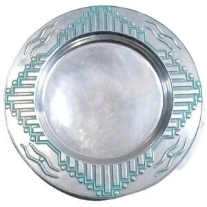1973 WILTON Armetale ZIA Southwestern Pewter Platter Turquoise Accents Vintage
